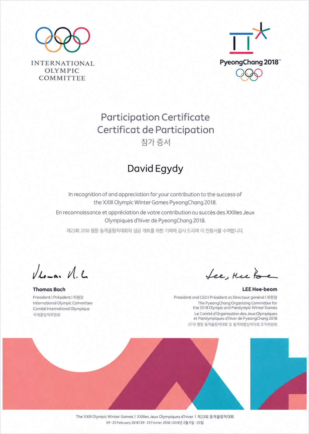 Grafická rekonstrukce účastnického certifikátu ze ZOH PyeongChang 2018